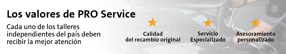 Tres estrellas con los tres valores de PRO Service con imagen de mecánico inspeccionando vehículo de fondo
